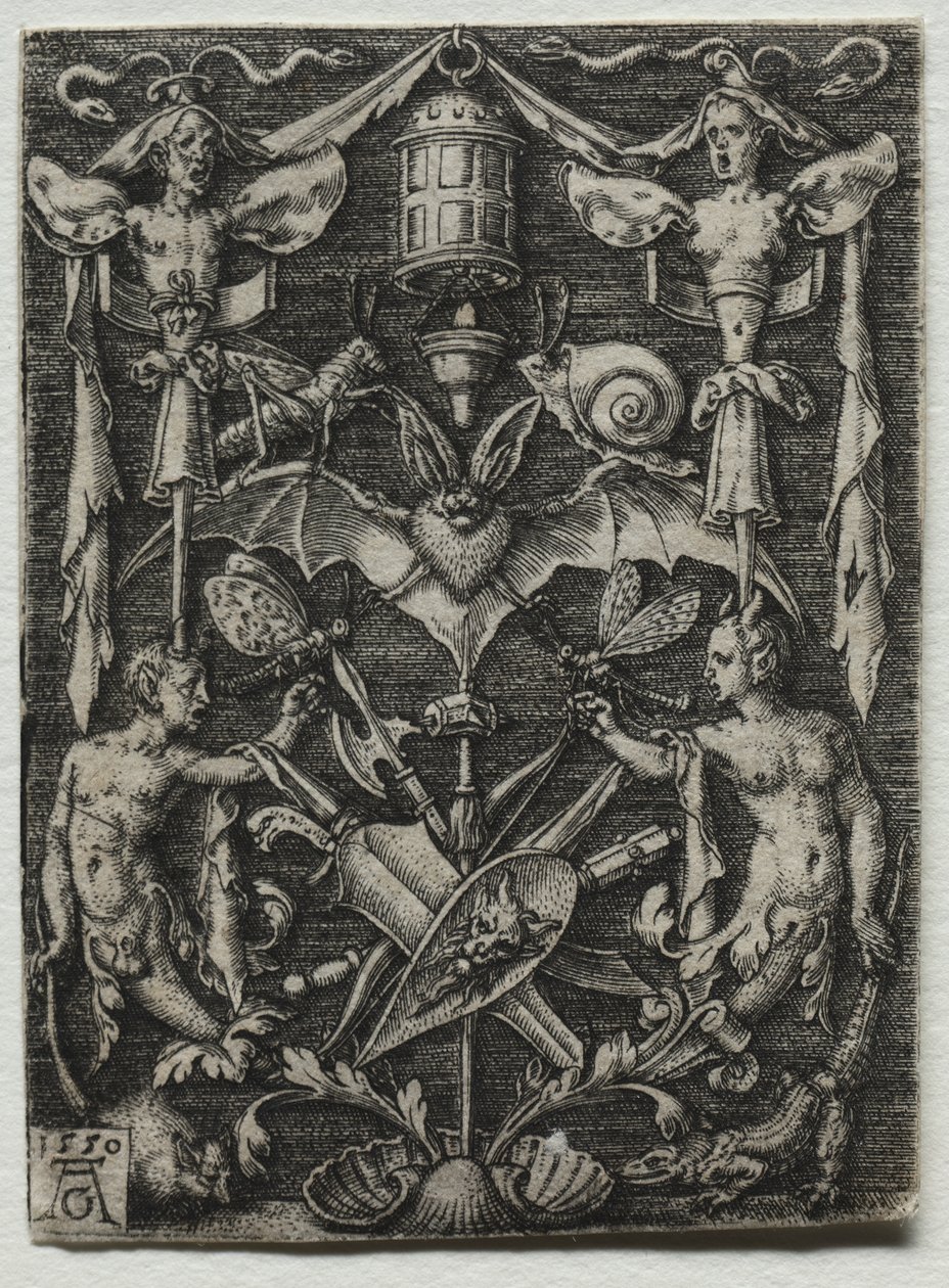 Design de ornamento com um morcego no centro de Heinrich Aldegrever