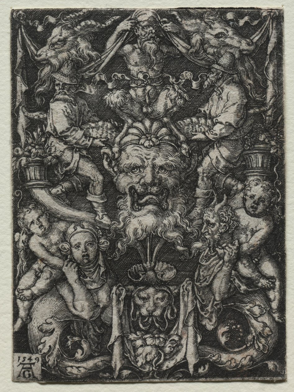 Design de ornamento com uma máscara, um par de tritões e duas crianças abaixo de Heinrich Aldegrever