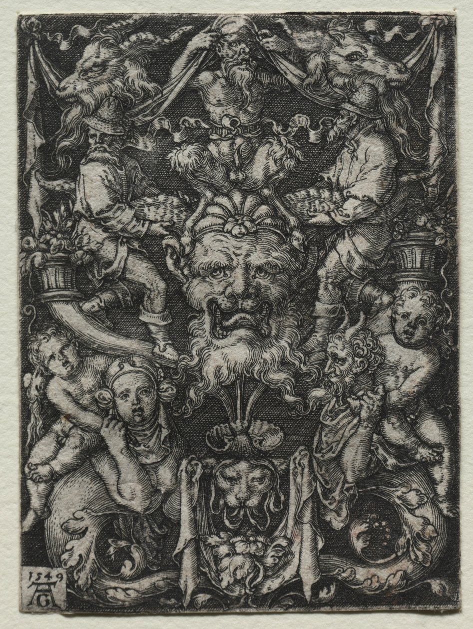 Design de ornamento com uma máscara, um par de tritões e dois filhos abaixo, 1549. de Heinrich Aldegrever