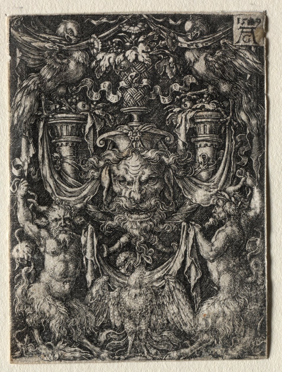 Projeto do ornamento com uma máscara e uma águia entre dois Faun abaixo, 1509. de Heinrich Aldegrever