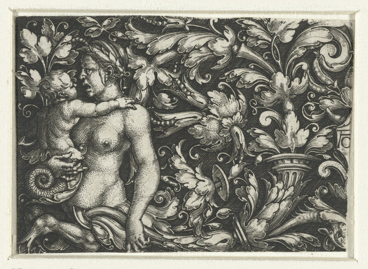 Ornamento com pergaminhos foliados e um tritão feminino com criança de Heinrich Aldegrever