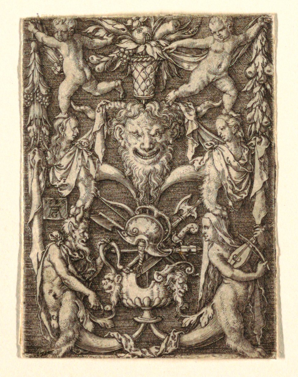 Ornamento com máscara e figuras grotescas de Heinrich Aldegrever