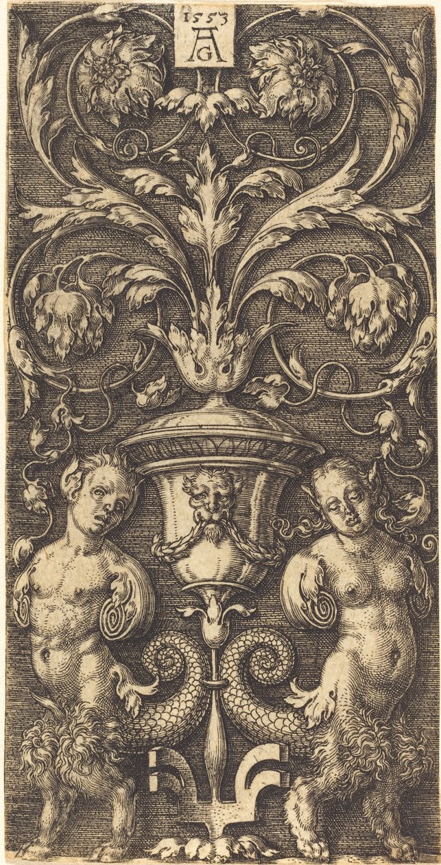 Ornamento com vaso e duas figuras femininas de Heinrich Aldegrever