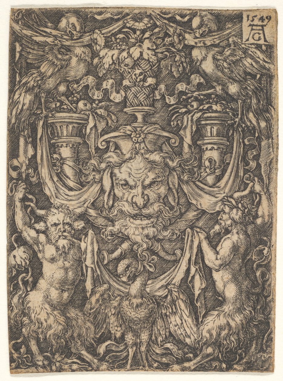 Projeto decorativo com uma máscara e uma águia entre dois faunos abaixo, 1549. de Heinrich Aldegrever