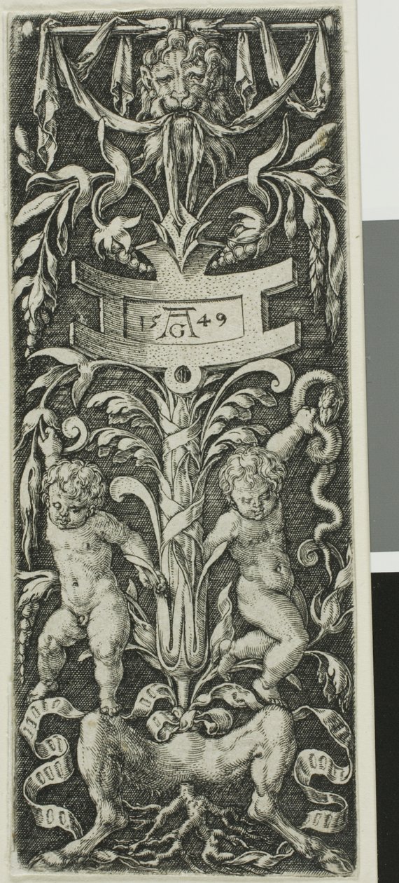 Painel de ornamento com dois rapazes nus apoiados nas pernas de um sátiro de Heinrich Aldegrever