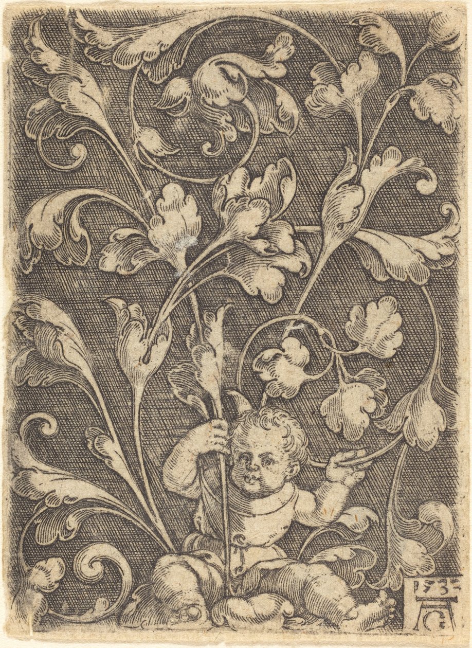 Ornamento de rolagem com criança sentada de Heinrich Aldegrever