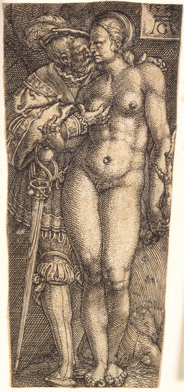 Design de bainha com soldado e mulher nua de Heinrich Aldegrever