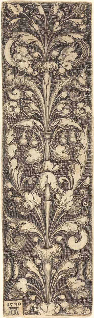 Raminho de folhagem ornamental com duas máscaras e dois golfinhos, 1530. de Heinrich Aldegrever
