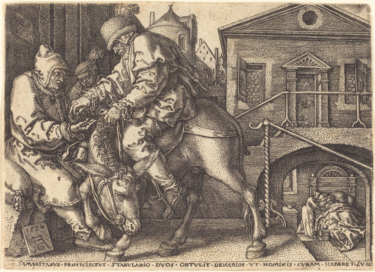 O Bom Samaritano Pagando a Hospedagem do Viajante de Heinrich Aldegrever