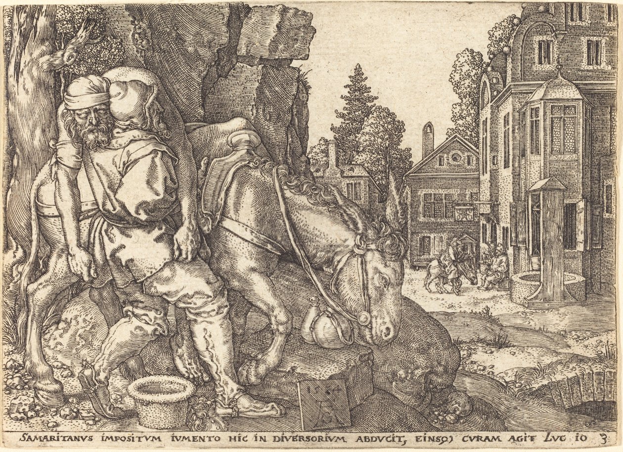 O bom samaritano colocando o viajante em uma mula de Heinrich Aldegrever