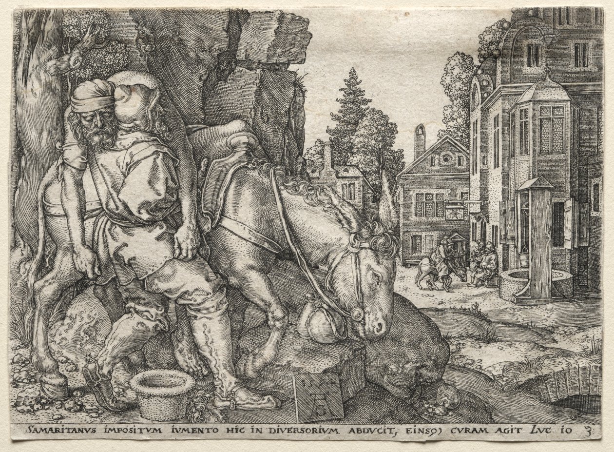 A Parábola do Bom Samaritano: O Bom Samaritano Colocando o Viajante em Seu Burro de Heinrich Aldegrever