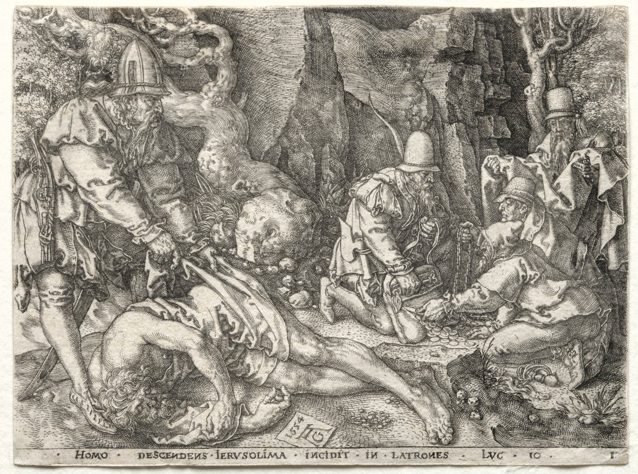 A parábola do bom samaritano: os ladrões que atacam os viajantes, 1554. de Heinrich Aldegrever
