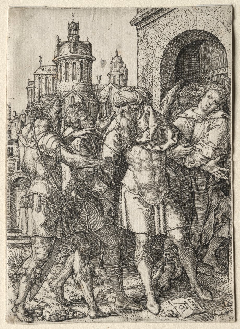 A história de Ló: Ló evita a violência dos sodomitas, 1555. de Heinrich Aldegrever