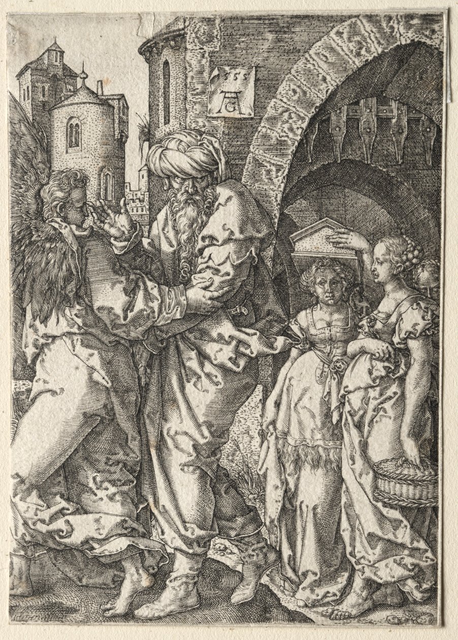A história de Ló: Ló e sua família fogem de Sodoma, 1555. de Heinrich Aldegrever