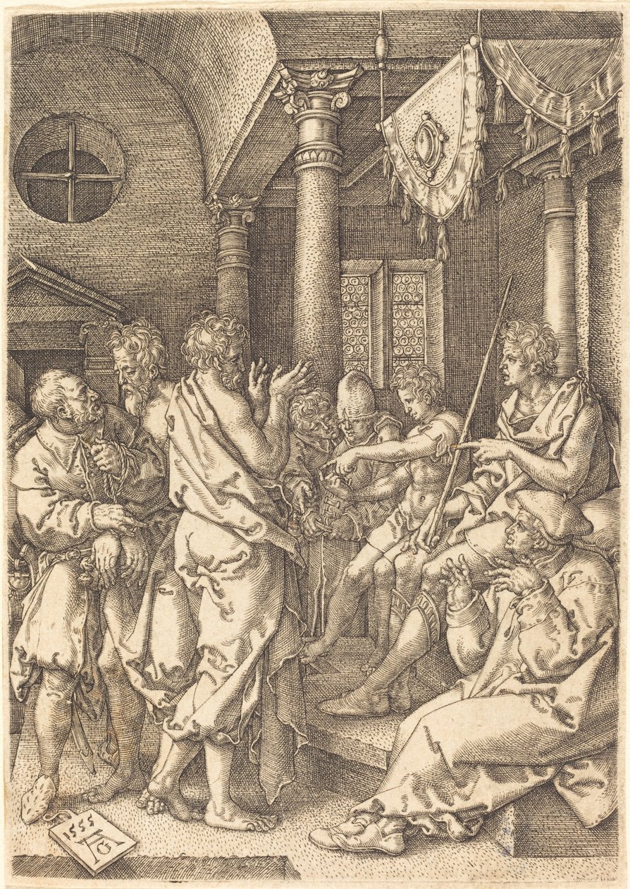 Os dois anciãos condenados pelo testemunho de Daniel, 1555. de Heinrich Aldegrever