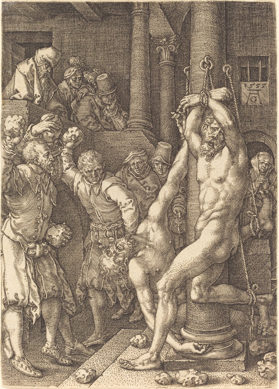 Os dois anciãos apedrejados pelo povo, 1555. de Heinrich Aldegrever