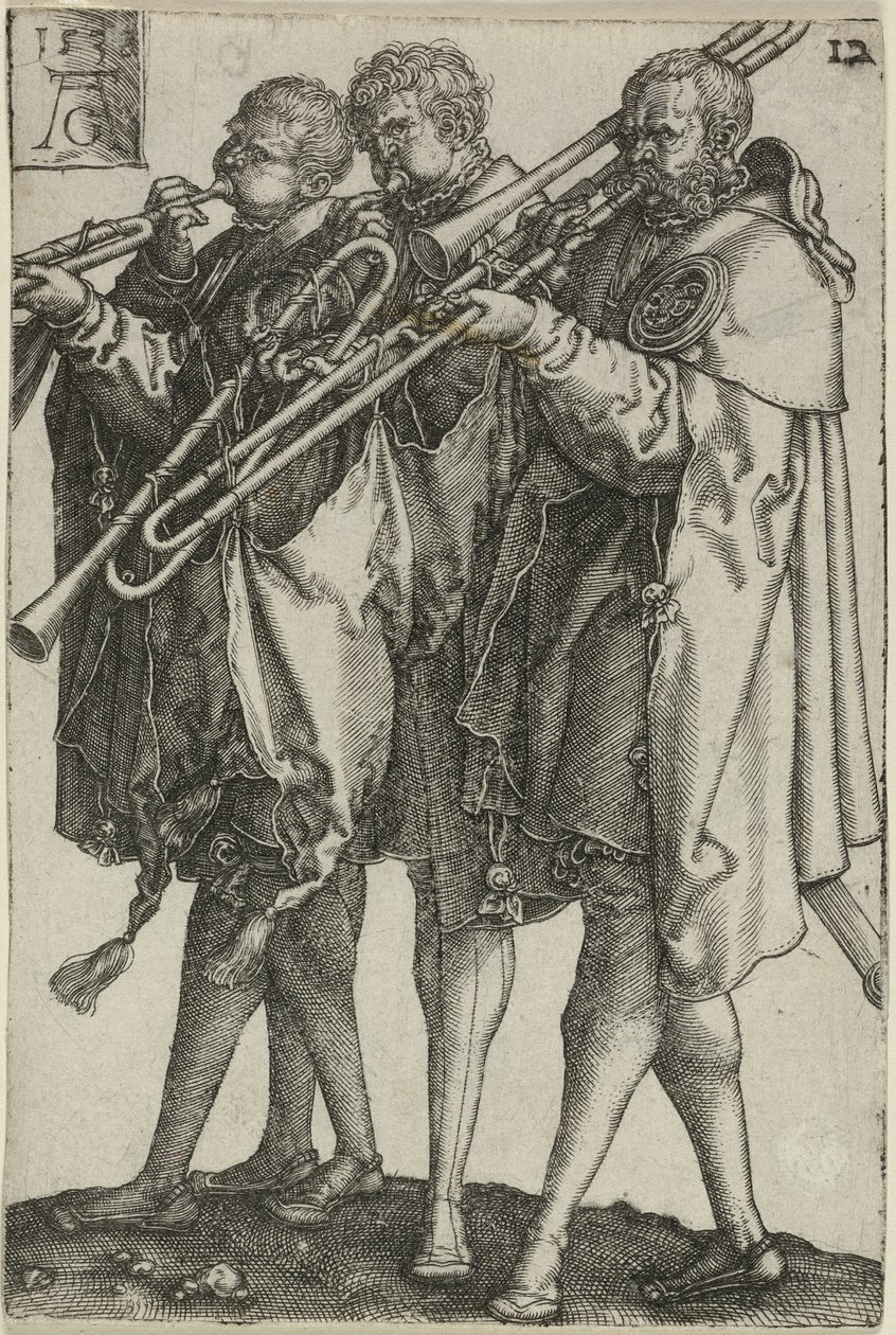 Três Trombonistas, prato doze de The Large Wedding-Dancers de Heinrich Aldegrever