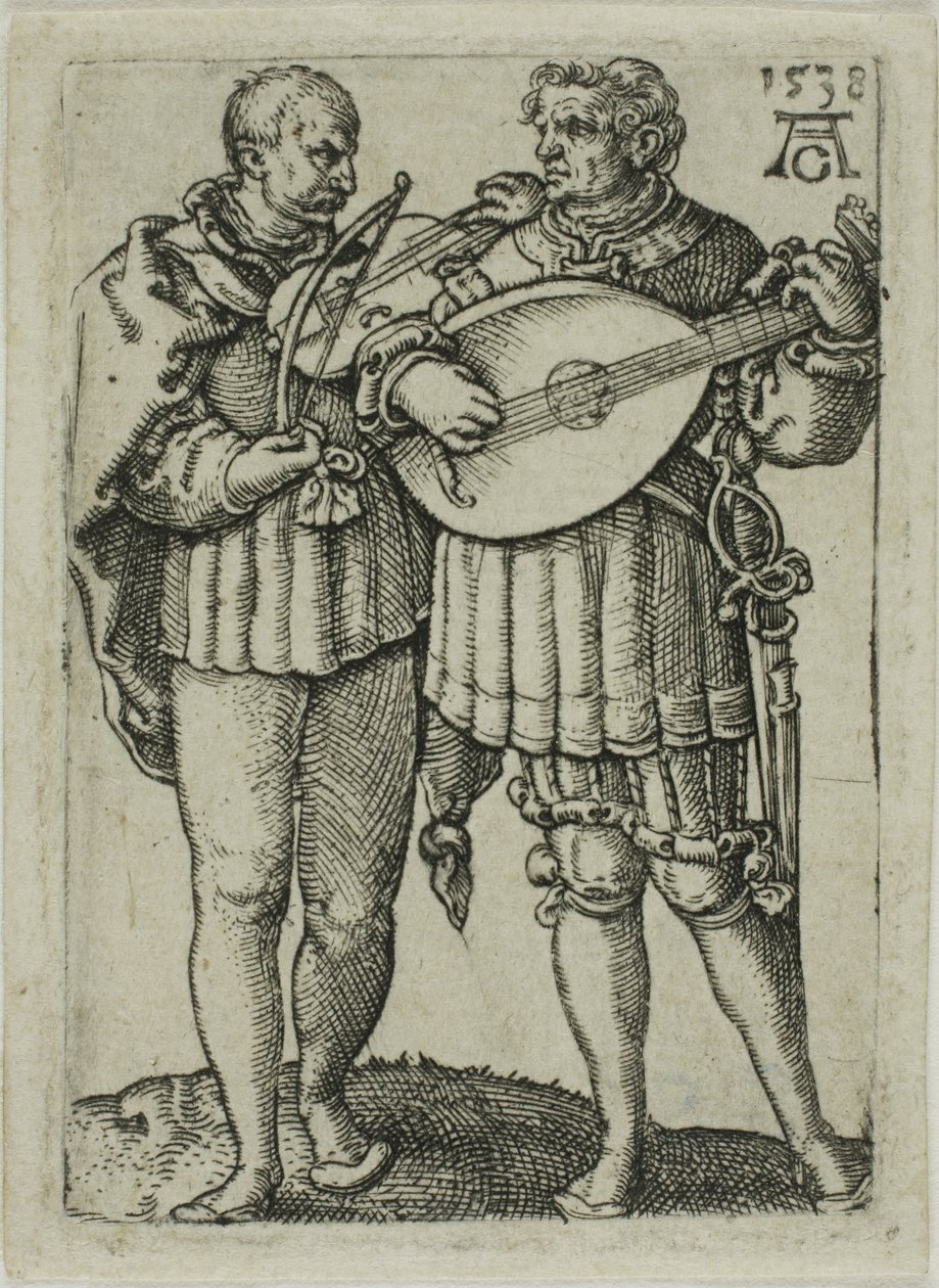 Dois músicos tocando violino e alaúde, prato um dos pequenos dançarinos de casamento de Heinrich Aldegrever