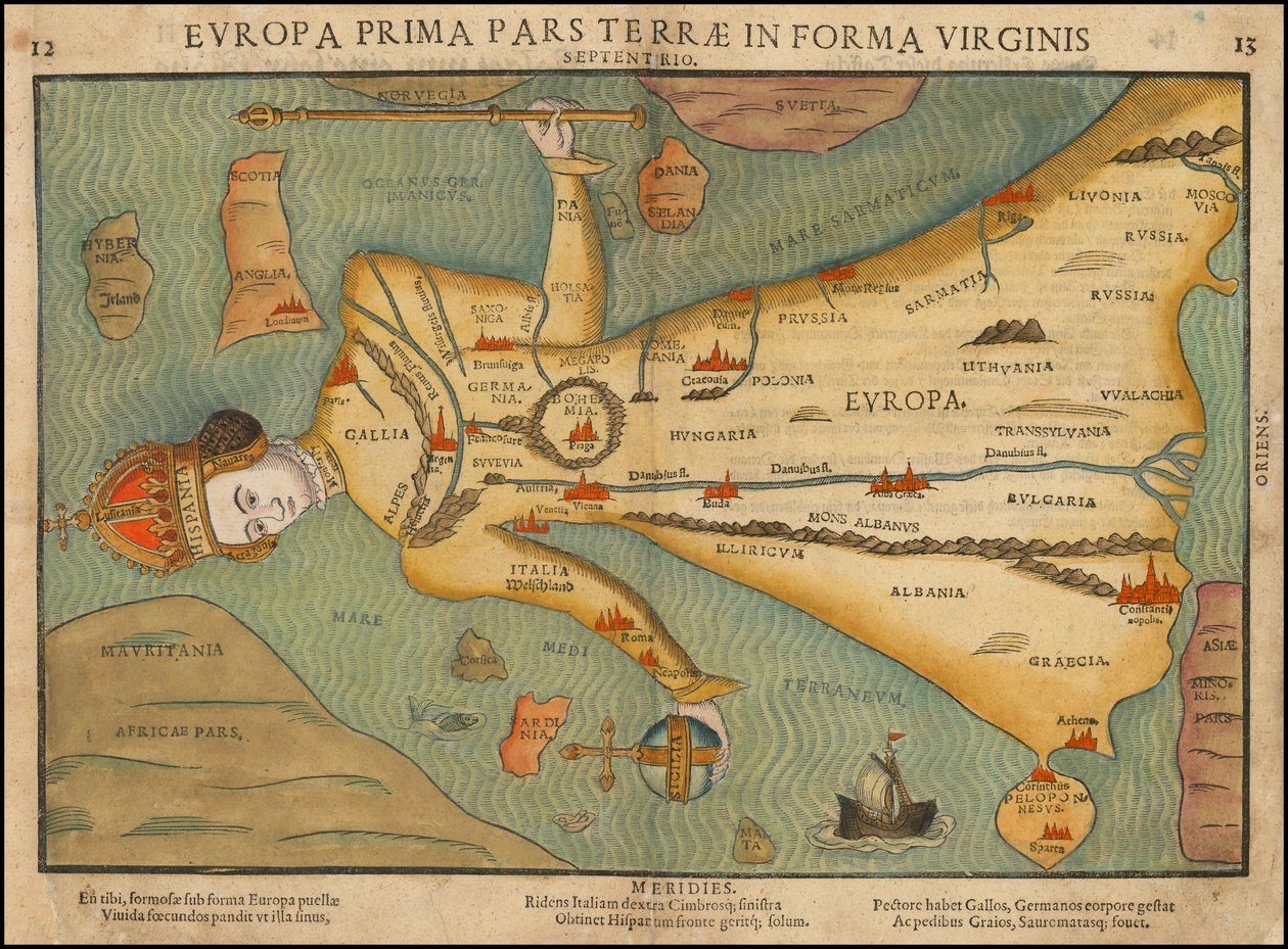 Mapa antropomórfico da Europa da década de 1580 de Heinrich Bünting de Heinrich Bünting