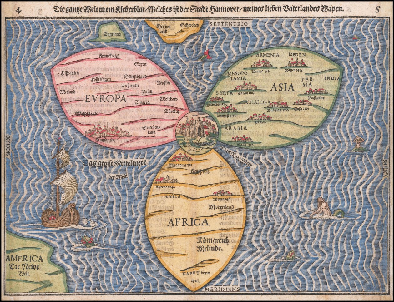 Mapa-múndi em folha de trevo de 1581 de Heinrich Buenting de Heinrich Bünting