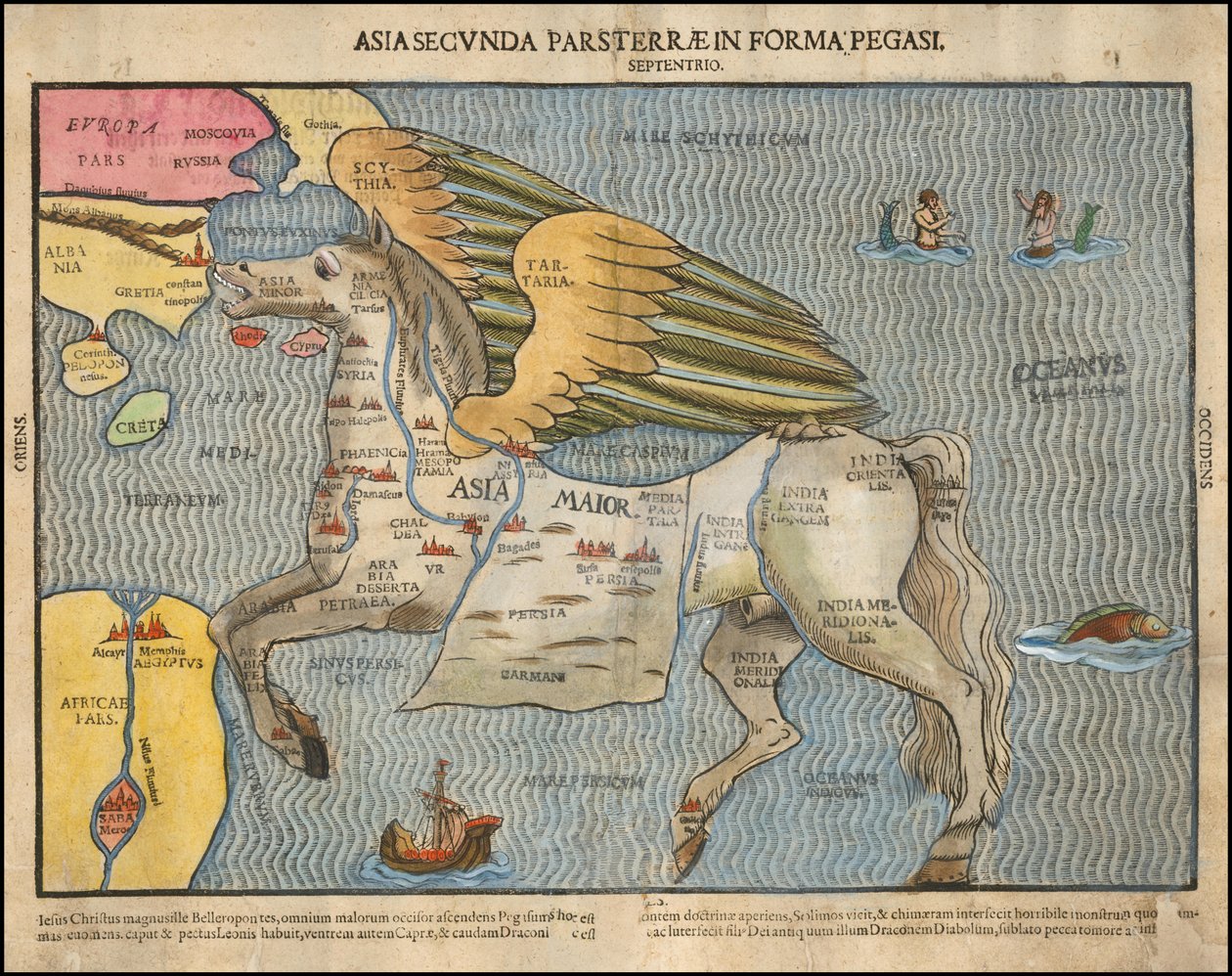 Ca. Mapa pictórico de 1581 de Heinrich Bünting, representando a Ásia como Pégaso de Heinrich Bünting