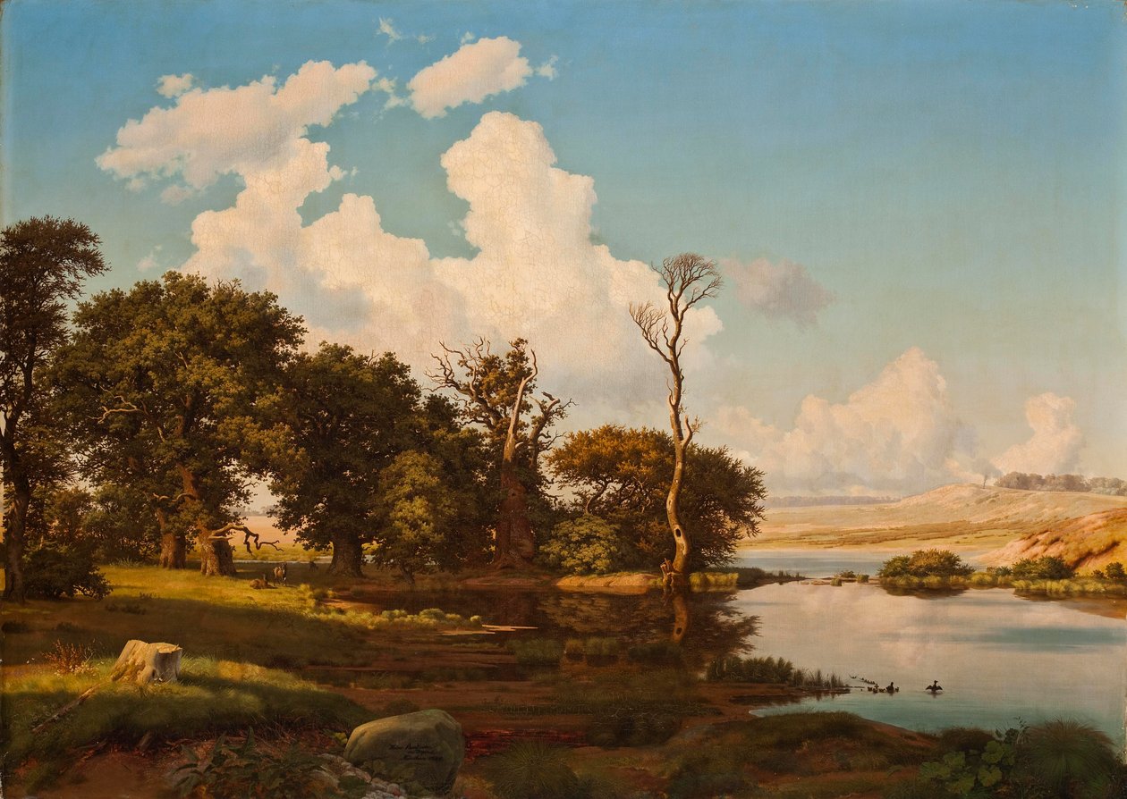 Dinamarquês: Paisagem dinamarquesa, carvalhos junto a um lago. Paisagem dinamarquesa, carvalhos junto a um lago. de Heinrich Buntzen