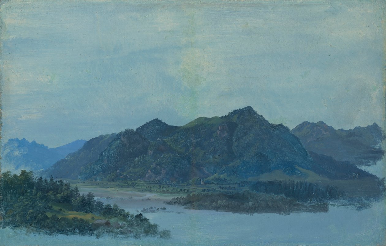 O Vale do Inn perto de Flintsbach com o Castelo de Falkenstein e as montanhas Kaiser ao fundo de Heinrich Burkel