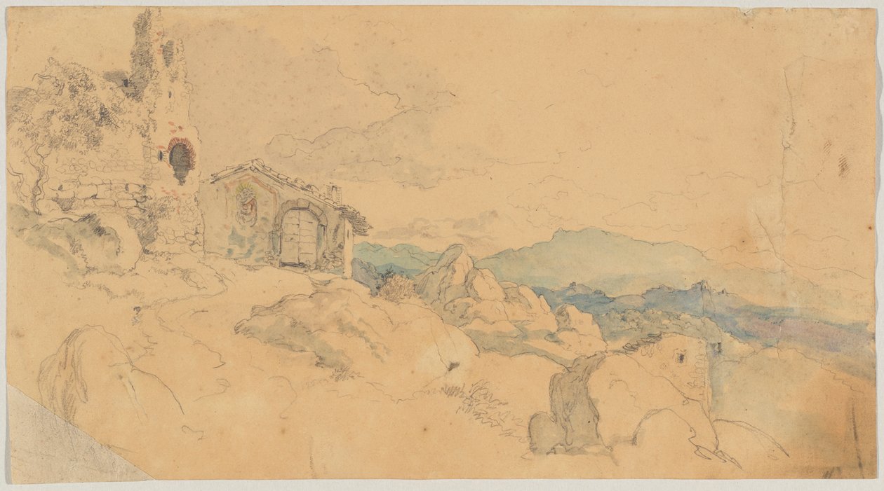 Paisagem montanhosa com cabana e ruínas de Heinrich Burkel