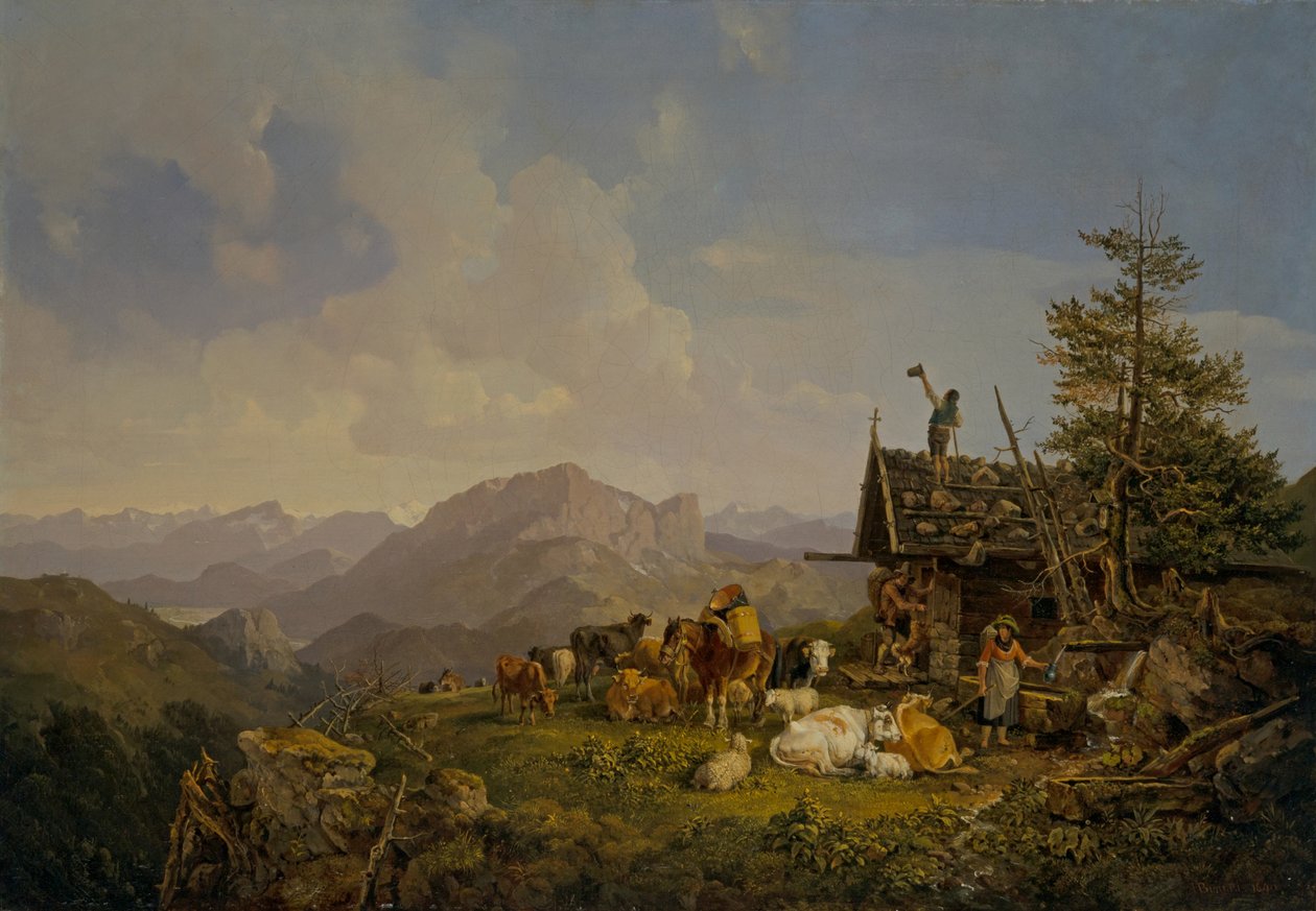 Paisagem em Oberbayen com pastores e o seu gado a descansar junto a uma cabana de Heinrich Burkel