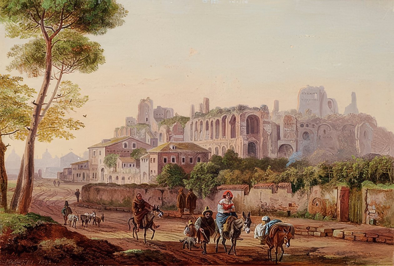 Cena romana de rua em frente ao Monte Palatino. 1832 de Heinrich Burkel