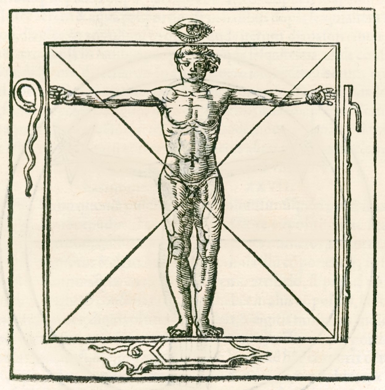 Homem em uma praça cercada por símbolos do olho, cobra, sete funcionários de seção e escudo. Gravura de Heinrich Cornelius Agripa de Nettesheim (1486-1535) De occulta philosophia libri tres (Três B de Heinrich Cornelius Agrippa von Nettesheim