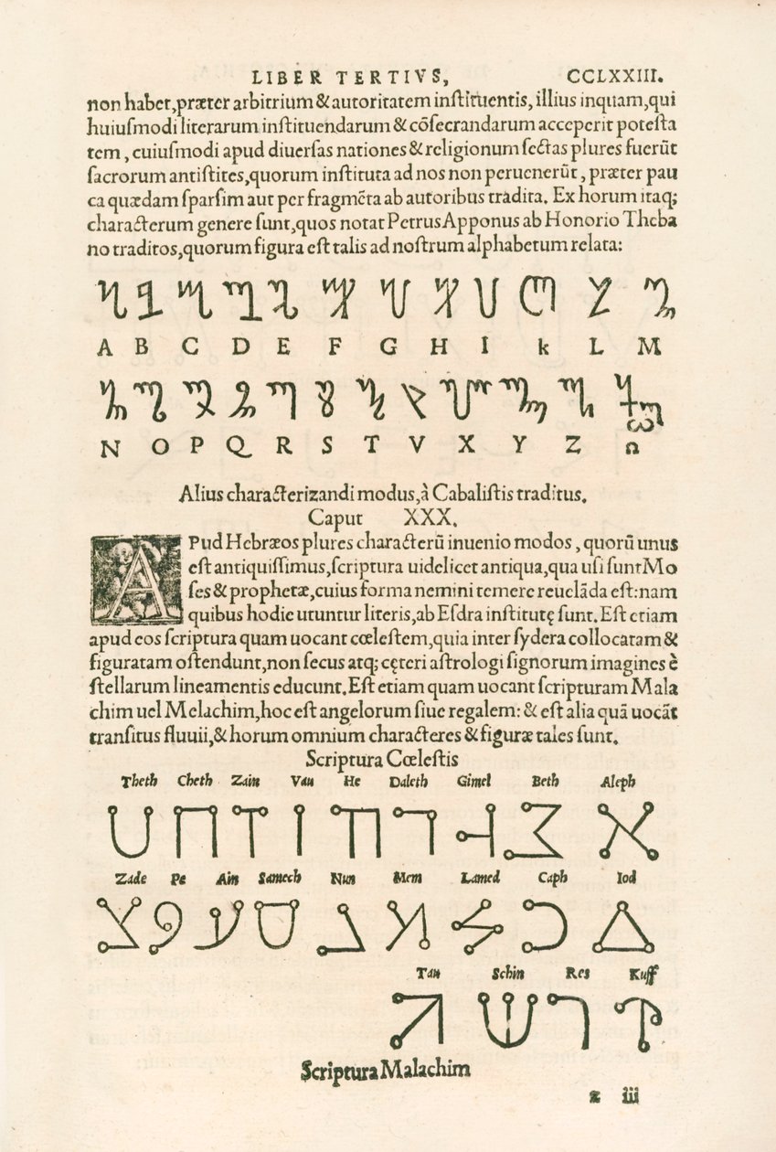 Alfabeto Tebano (Alfabeto Honoriano ou as Runas de Honório) e Alfabeto Celestial (Scriptura Malachim ou Escrita Angélica) Gravura de Heinrich Cornelius Agripa de Nettesheim (1486-1535) De occul de Heinrich Cornelius Agrippa von Nettesheim