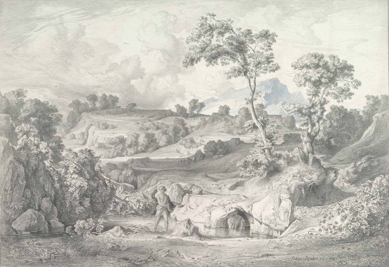 Paisagem do sul com um homem e uma cobra, 1847. de Heinrich Dreber
