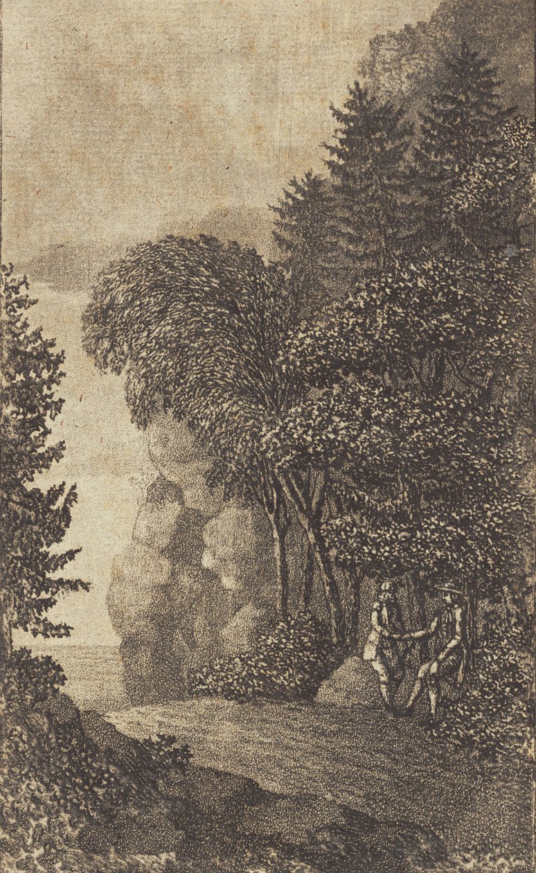 Paisagem com rochas e grandes árvores, t.h. dois homens de Heinrich Grosch