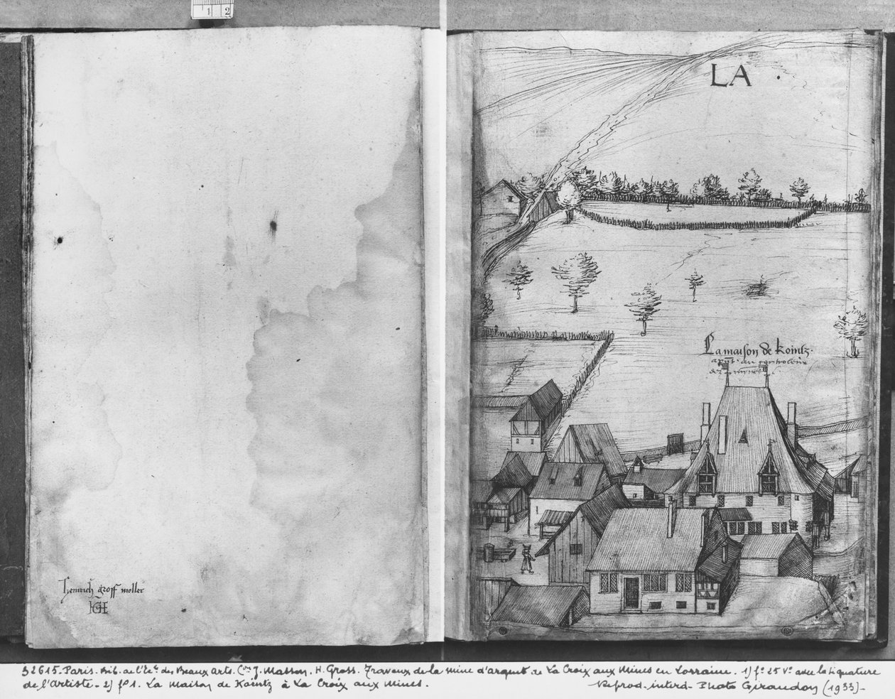 Fol.1 Aldeia La Croix-aux-Mines, Lorena. A casa de Kointz, o controlador das minas e fol.25v, assinatura do artista, c.1530 (caneta e tinta und wc no papel) de Heinrich Gross or Groff