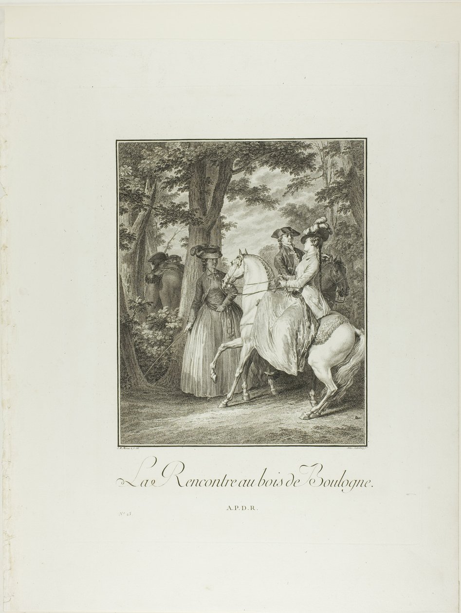 Encontro no bosque de Boulogne, a partir de Monumento do Traje Físico e Moral do final do século XVI de Heinrich Guttenberg