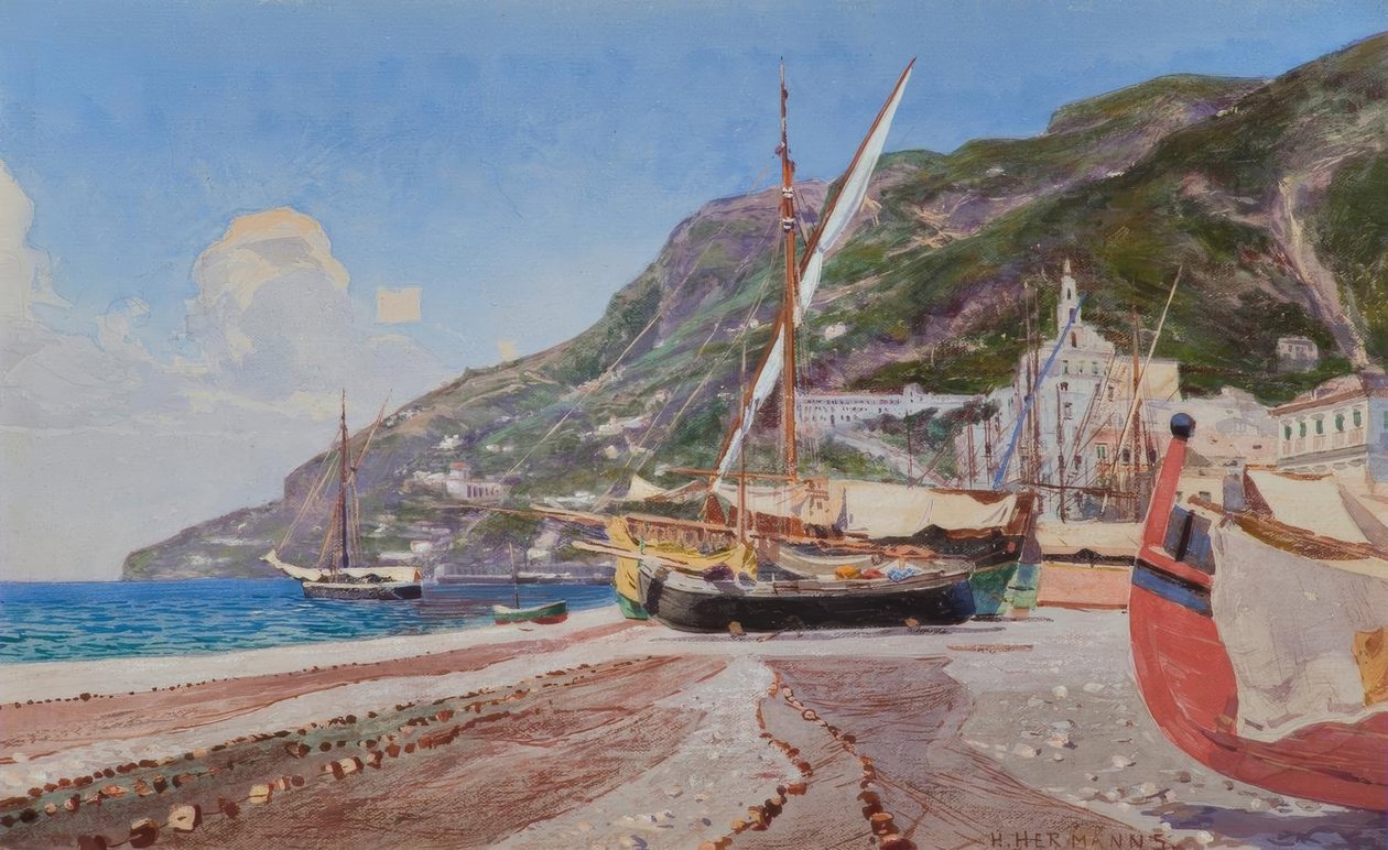 Amalfi, barcos de pesca na praia - aquarela por H.Hermanns de Heinrich Hermanns