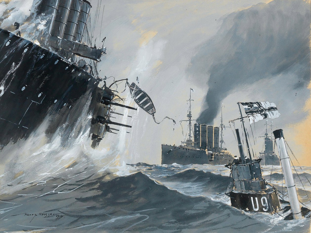 Submarinos e navios de guerra: as viagens do HMS Aboukir, Hogue e Cressy, 1914. de Heinrich Heusser