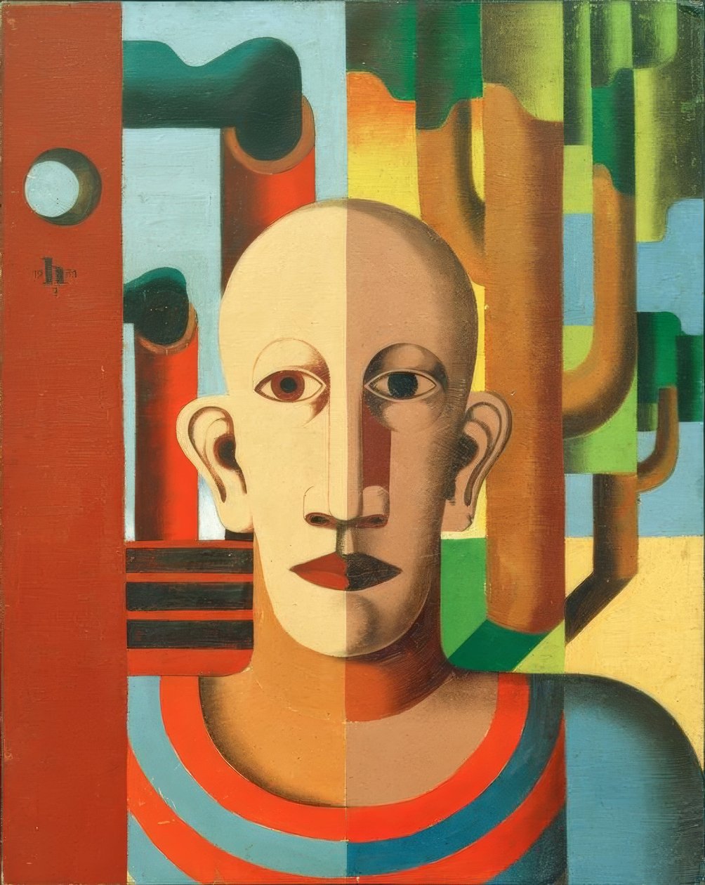 Trabalhador (auto-retrato em frente a árvores e chaminés) de Heinrich Hoerle