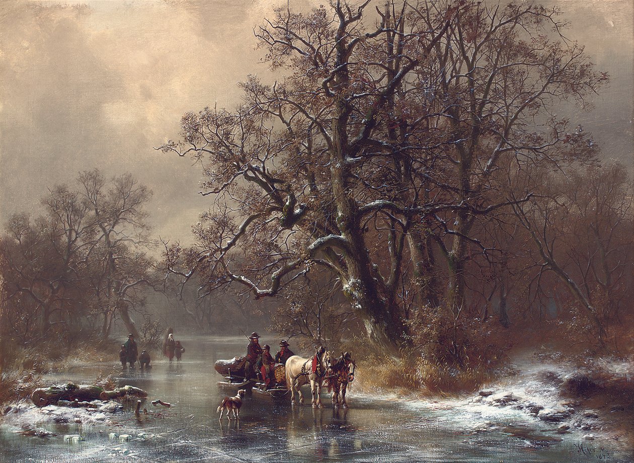 Madeireiros em uma hidrovia congelada, 1873 de Heinrich Hofer