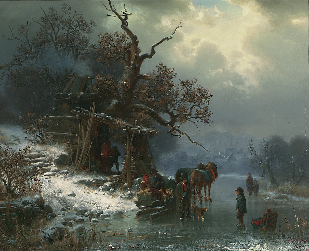 Paisagem do inverno com figuras em um rio congelado, 1867 de Heinrich Hofer
