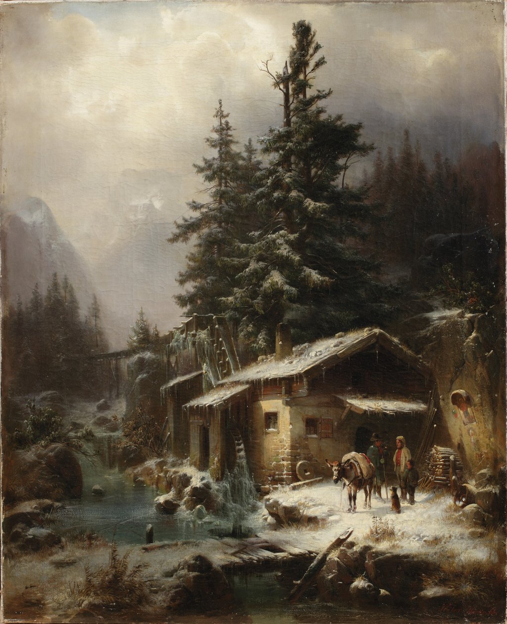 Paisagem do inverno com figuras descansando perto de um moinho de água, 1866 de Heinrich Hofer