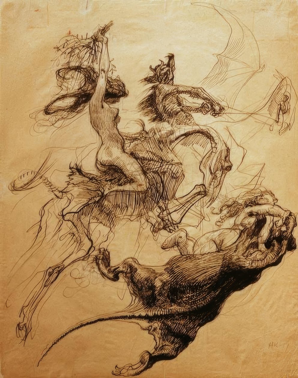 Mulher nua cavalgando no esqueleto e diabo no pterodátilo de Heinrich Kley