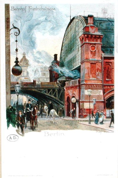 A estação ferroviária na Friedrichstrasse, Berlim, c.1900 (cor litho) de Heinrich Kley