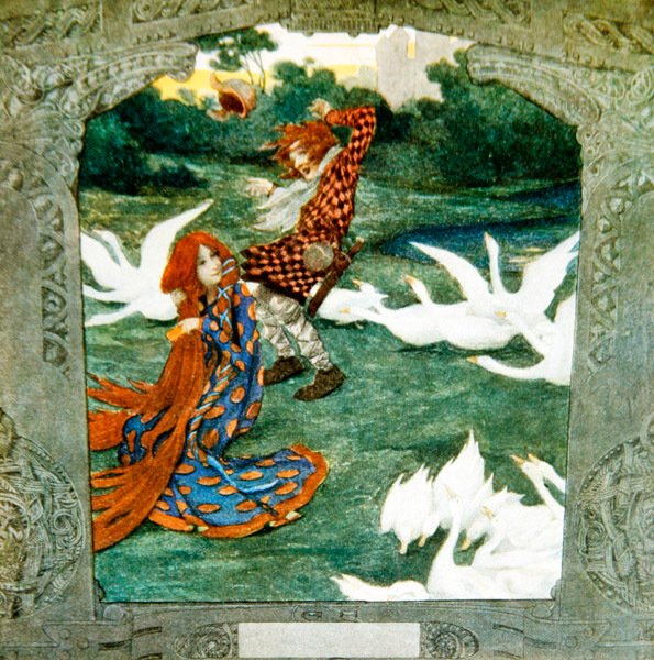 A princesa - agora uma menina de ganso - encanta o vento para soprar Conrado, o chapéu do rebanho de ganso, para longe de Heinrich Lefler