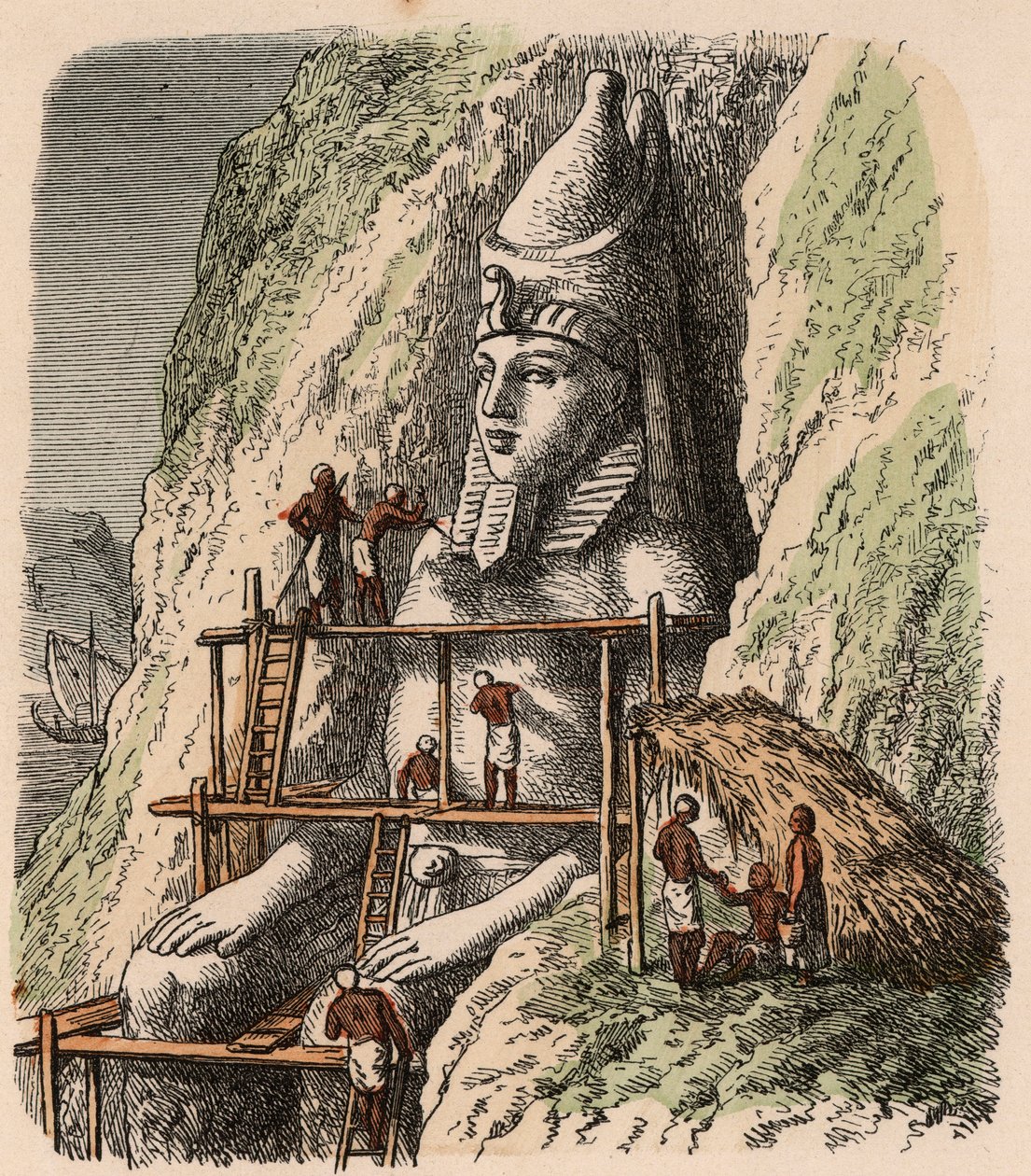 Egito Antigo: Escultura de uma estátua do Templo de Abu Simbel, 1866 de Heinrich Leutemann