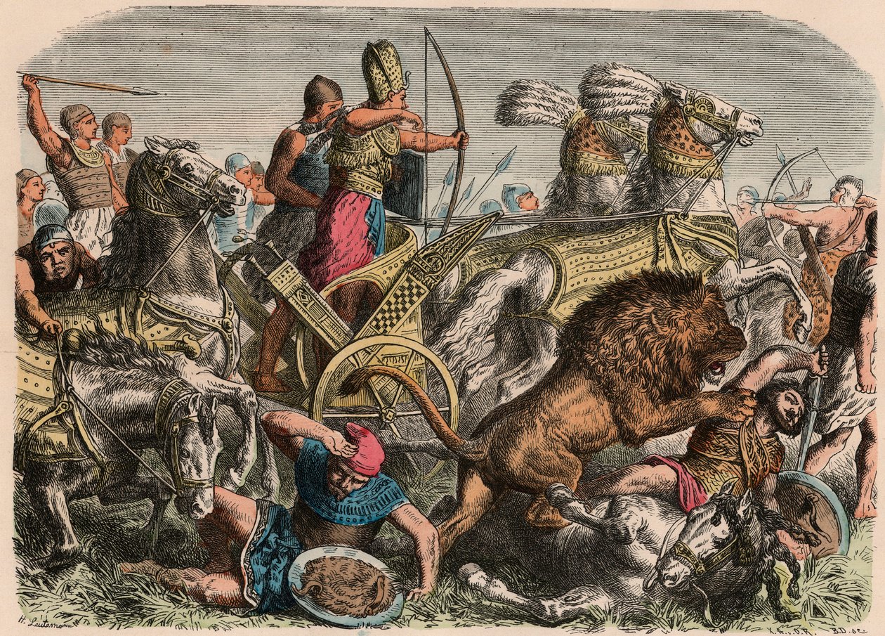 Egito Antigo: Faraó Ramsés II lutando contra os leões de guerra do exército hitita em Qadesh, 1274 aC, 1866 de Heinrich Leutemann