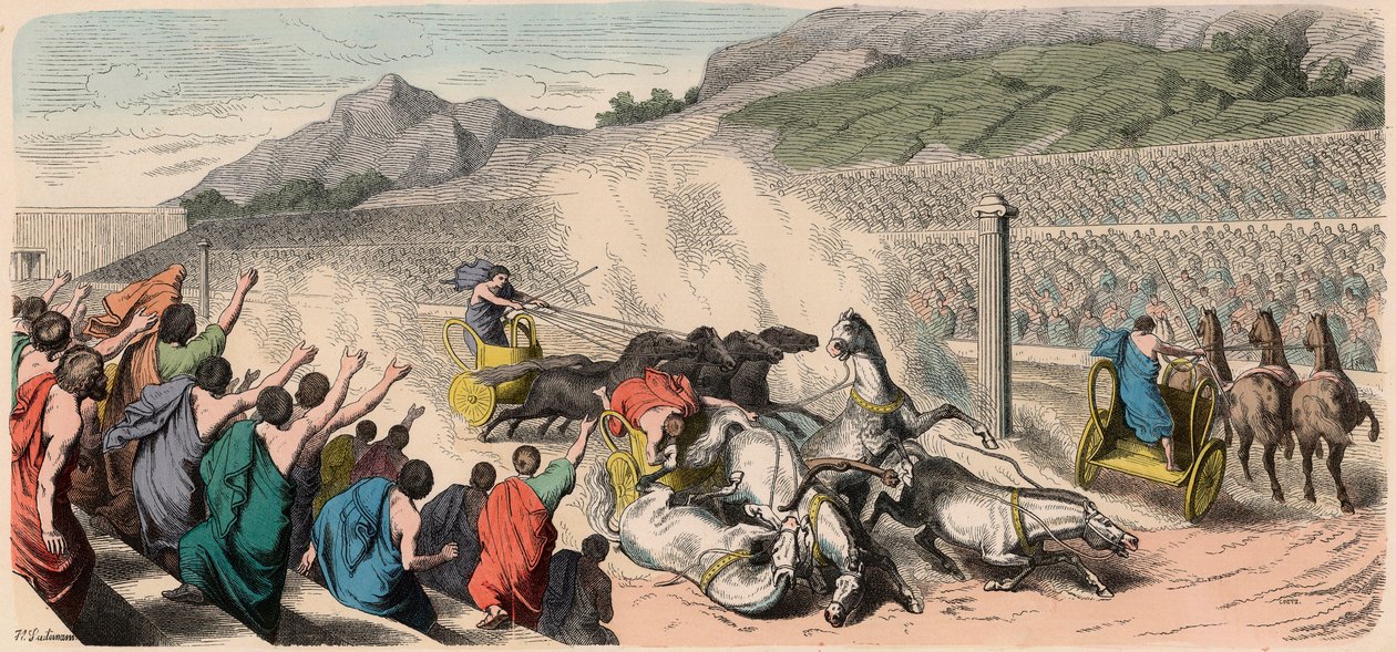 Grécia Antiga: Jogos Olímpicos - Corrida de carruagem de quatro cavalos no Hipódromo de Heinrich Leutemann