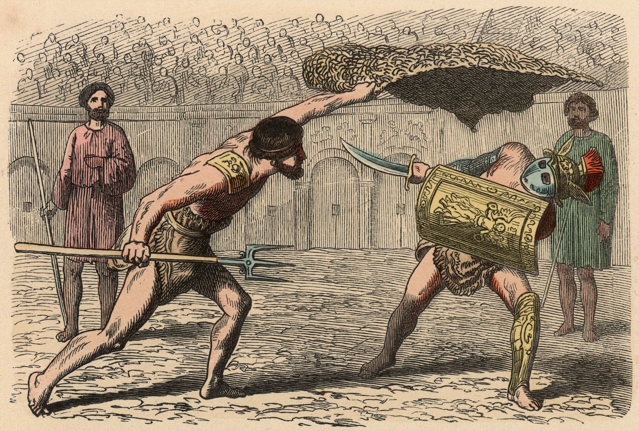 Roma Antiga: Gladiador luta em anfiteatro de Heinrich Leutemann