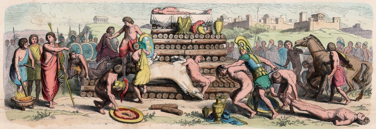 Período arcaico na Grécia: cremação de um herói com sacrifício animal e humano de Heinrich Leutemann